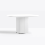 Generously sized table, simple in appearance but strong in character. A steel cover splitted in two shells hides a central rectangular base with rounded corners combined with a refined glass or solid laminate top.