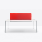 Tables, desks and consoles with four seats, aluminium frame and laminate top allowing cable management.