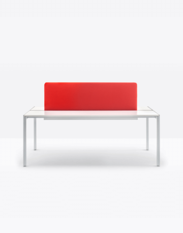 Tables, desks and consoles with four seats, aluminium frame and laminate top allowing cable management.