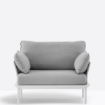 Outdoor armchair with slim aluminium frame, waterproof fabric cushions.