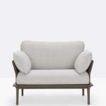 Outdoor armchair with slim aluminium frame, waterproof fabric cushions.