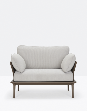 Outdoor armchair with slim aluminium frame, waterproof fabric cushions.