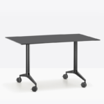 Foldable and stackable table, can become a workstation or meeting table.