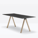 Table with oak or steel legs, laminate top.