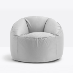 Upholstered armchair with water proof polystyrene spheres provided with a handle for easy carrying.