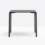 Stackable table with four aluminium legs and laminate top. Different shapes, sizes and finishes are available.