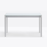 Extending table available in various sizes with aluminium frame and laminate or glass top.