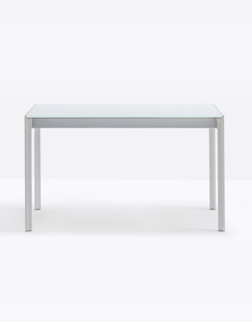 Extending table available in various sizes with aluminium frame and laminate or glass top.