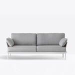 Outdoor three-seater sofa with slim aluminium frame, waterproof fabric cushions.