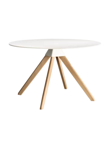 Cuckoo table features a combination of a solid beech frame and injection-moulded polypropylene joints, on which a round top with a diameter of 120 cm - formota fitout